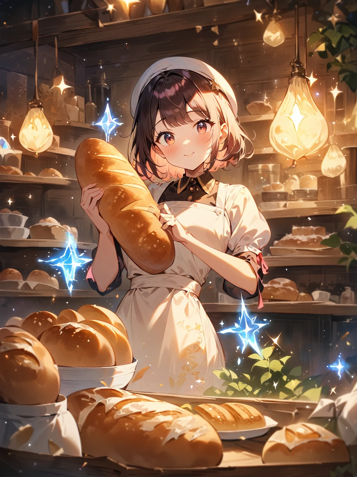 An anime-style girl working as a baker, wearing a cute apron and a beret, is holding a single slice of magical bread that glows with a mysterious aura. The slice has mystical runes and patterns appearing on its surface, and tiny sparkling lights are floating around it. The girl looks at the bread with a serious expression, as if realizing its magical powers. The background is a warm and cozy bakery, with freshly baked bread, flour sacks, and wooden shelves filled with baking supplies. The magical light illuminates the girl's face and adds a whimsical, enchanting atmosphere.

(masterpiece, best quality, very aesthetic, absurdres), (8k, RAW photo, best quality), (extremely detailed 8k wallpaper),