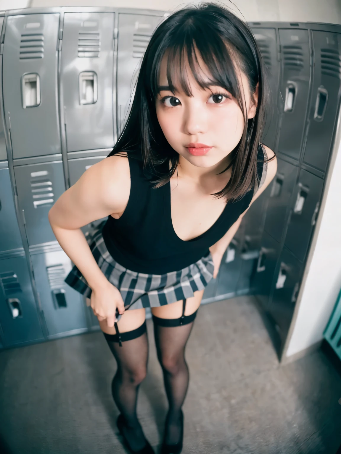 ulzzang-6500-v1.1, (RAW Photos:1.2), (Realistic), (Genuine:1.4), １girl、 Perfect Anatomy、Looking at the camera、 medium long hair 、Check vest、(( locker roomで衣服を脱いで着替える:1.3))、Take off, ( Super Real Pantyhose :1.2), (High heels)、(Business services)、((panty pull))、(Wear a skirt:1.2), Leaning Forward 、( locker room:1.2),  wet panties , beautiful, A natural woman ,nsfw:1.4, fisheye lens, ((Photographed with a fisheye lens:1.4))、outside,