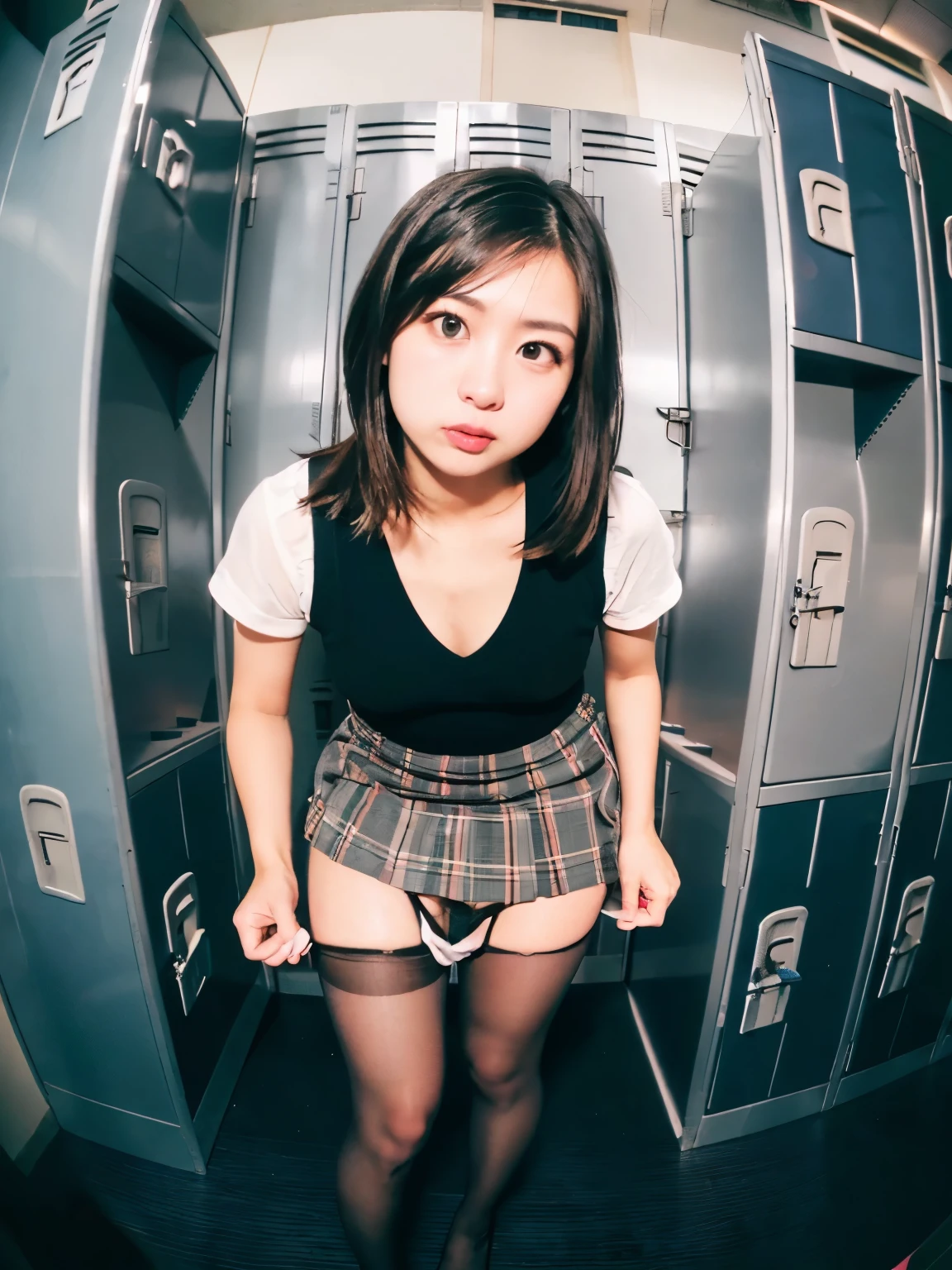 ulzzang-6500-v1.1, (RAW Photos:1.2), (Realistic), (Genuine:1.4), １girl、 Perfect Anatomy、Looking at the camera、 medium long hair 、Check vest、(( locker roomで衣服を脱いで着替える:1.3))、Take off, ( Super Real Pantyhose :1.2), (High heels)、(Business services)、((panty pull))、(Wear a skirt:1.2), Leaning Forward 、( locker room:1.2),  wet panties , beautiful, A natural woman ,nsfw:1.4, fisheye lens, ((Photographed with a fisheye lens:1.4))、outside,