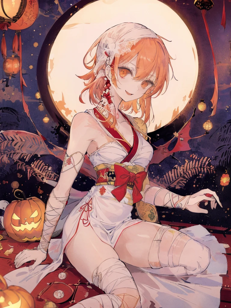 (((  best quality)), ((masterpiece)), ( Details), (shrine, Japanese Festivals:1.2),  one mummy girl , golden eyes,  white skin, red hair,  Side Tails,Bandaged arm, bandaged legs ,Bandaged Head,Bandaged neck,Bandaged Chest,Open white kimono , sleeveless,Asymmetrical bangs, Crazy Smile ,Red lips,Zombie Makeup,Showing teeth, opens her mouth,  slim figure, Thin chest,Chibi ,Japanese bat lanterns,Mini Ghost,Little white fox ,Side view,profile, sandy beach,Starry Sky,I have a basket filled with candy,Jack-o-lantern,