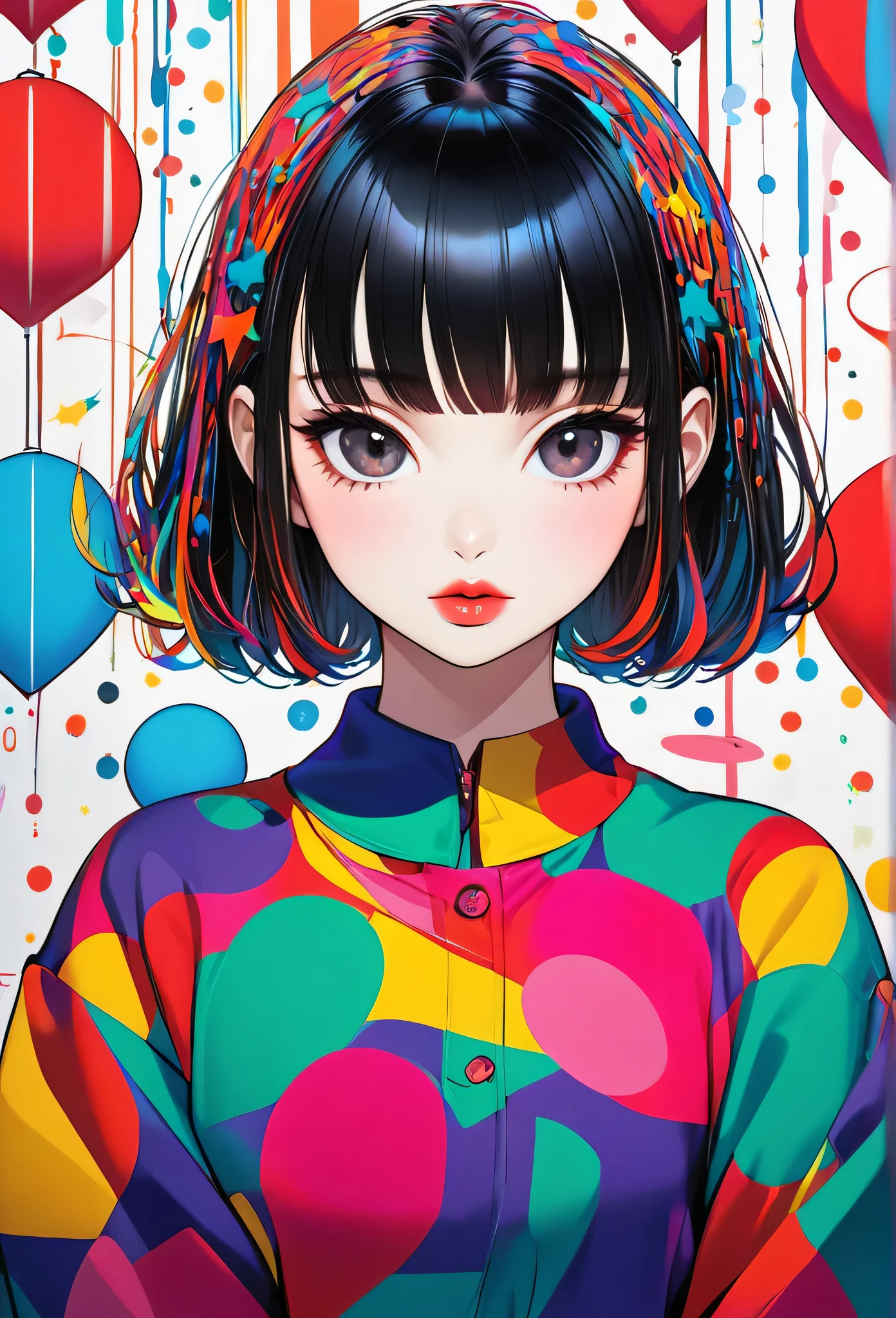 Ultra-realism Yayoi Kusama colorful style, simple line acronym ,Abstract art,(((The most beautiful young girl))), Kind Face. Lips in Love, Pop and stylish design , Dark Eyes, (((Holiday Room))), (((Cute Protozoan)))