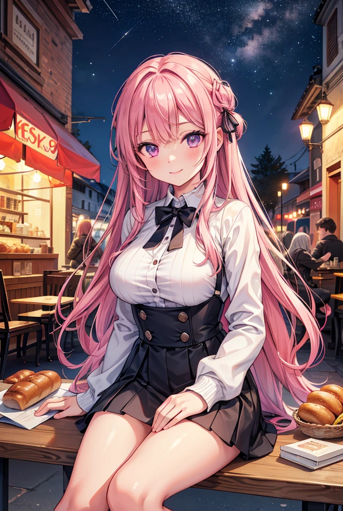  1 girl, solo,  High Resolution , Long Hair, (Large Breasts), smile, Woman in her 20s, Pink Hair,  simple background, Violet eyes,  High Resolution , masterpiece, accurate,  anatomically correct,  Multiple Award Winners , 最high quality,  detail, 高い detail,  high definition models, high quality, Retina,  very detailed ,  textured skin,  ultra-fine, Highlight the whole body, White knit,  miniskirt, Sit on a chair, autumn, night, Italian Streetscape , Italian cafe ,  with coffee, Bare legs, Terrace seats, Starry Sky, Hair accessories,  long boots for stepping on bread, Emphasize the upper body,