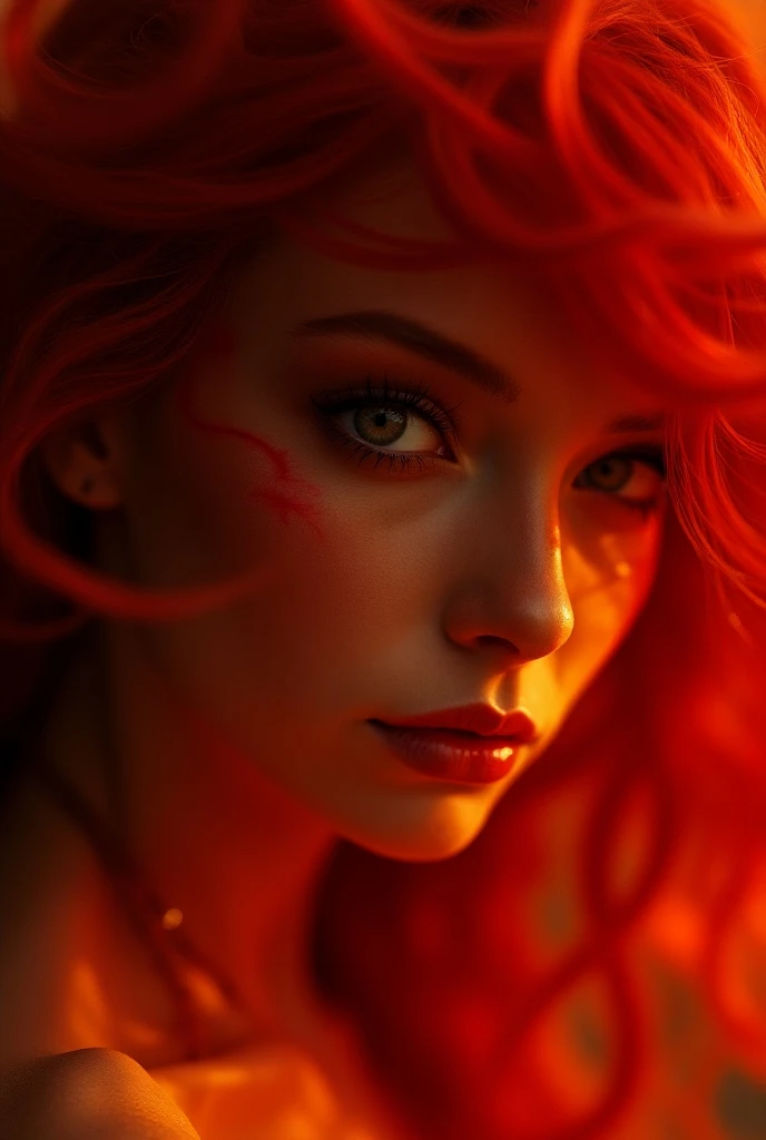 (fauvism art:1.2), (style of Alberto Seveso:1.4), woman with flaming body and a fierce expression, (hateful expression:1), sparking fire red eyes, hell, nobody can flee, dark lava theme, colorful, visually stunning, beautiful, gorgeous, emotional, intricate, perferct shading