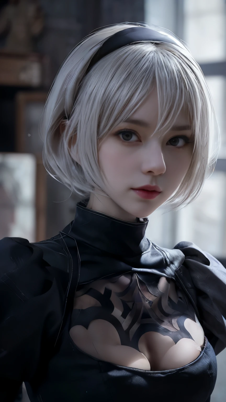 Nier:Automata 2B cute cosplay、2B Female Cosplay、Fair skin、Tall、Stylish、Small face、Strong eyes、beautiful、beautiful、23 years old、British women、Half British、Nier 2B オートマタの黒の衣装、Von Clare 、 Beautiful Poses Death Boo Automata Es de France Blanche、Old Money Angled、masterpiece、Premium Quality、Premium Resolution、Fantasy、Refreshing feeling、Anime Cosplay Makeup、 Authentic Cosplay 、Cool Review。photograph、Portrait、Upper Body、Pale pose、Surrounded by pale white light、happiness、Soft、Fluid Rendering