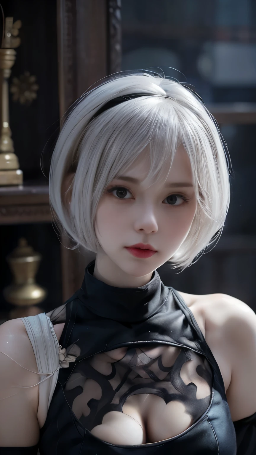 Nier:Automata 2B cute cosplay、2B Female Cosplay、Fair skin、Tall、Stylish、Small face、Strong eyes、beautiful、beautiful、23 years old、British women、Half British、Nier 2B オートマタの黒の衣装、Von Clare 、 Beautiful Poses Death Boo Automata Es de France Blanche、Old Money Angled、masterpiece、Premium Quality、Premium Resolution、Fantasy、Refreshing feeling、Anime Cosplay Makeup、 Authentic Cosplay 、Cool Review。photograph、Portrait、Upper Body、Pale pose、Surrounded by pale white light、happiness、Soft、Fluid Rendering