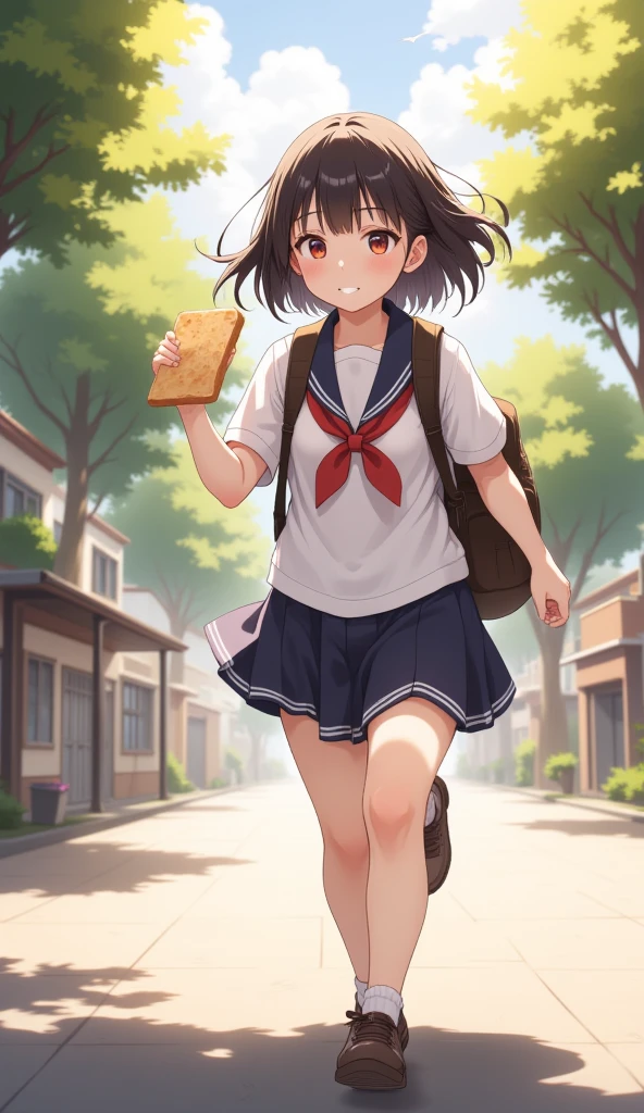 （masterpiece、high quality、High image quality、4K、8k、 Details）、Girl holding a slice of sliced bread in her mouth、Japanese high school girls（Beautiful Face、Shining Eyes、Disheveled Hair、Well-proportioned body、Running）、 light and adorable anime style 、 backpack in autumn hiking clothes、 I'm running in a hurry with my thighs raised high、 running with her arms falling back and forth in a hurry 、Holding a bag in one hand 、 how to run with momentum 、 wearing a classic sailor suit 、 running out of the house in a hurry 、 refreshing scenery with morning light、Suburban residential area、tree々、 A girl holding a slice of sliced bread 、Light and adorable Japanese anime style 、 close-up 、30-degree body angle 