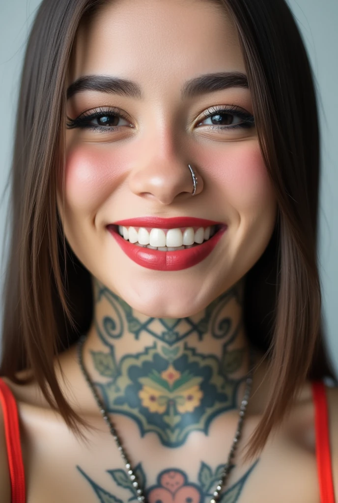 Professional photography of A beautiful woman, intricate neck tattoos, close up portrait, vibrant smile, masterpiece, best quality 