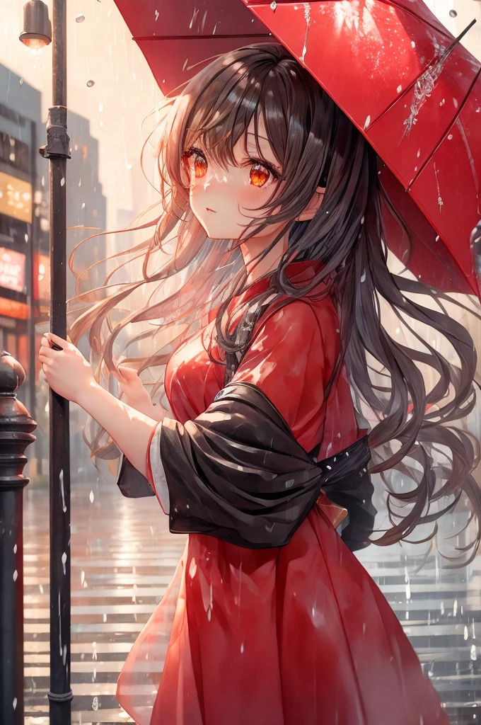  anime girl in red dress standing in the rain in front of the city、 Anime style 。8k、 Anime style 4k、 beautiful anime girl、美しい Anime style 、Background city、forest city streets behind her、Anime atmosphere、Realistic anime 3d style 、 Guweiz style artwork 、4k anime wallpaper、Background city