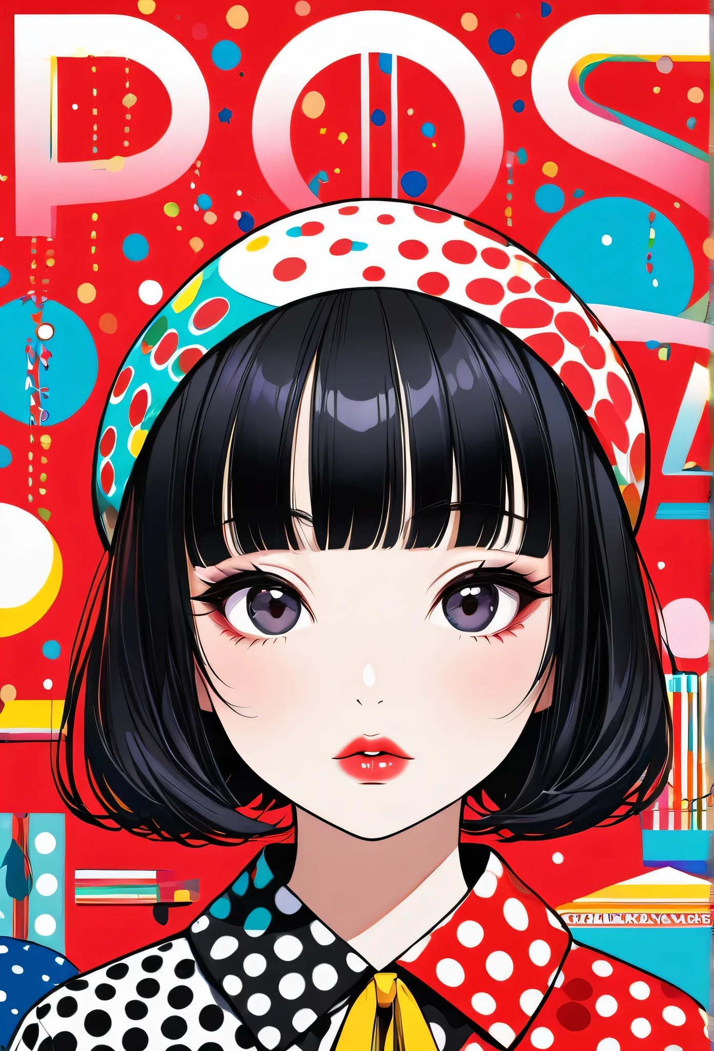 Ultra-realism Yayoi Kusama colorful style, simple line acronym ,Abstract art,(((The most beautiful girls))), Kind Face. Lips in Love, Pop and stylish design , Dark Eyes, (((Holiday Room))), (((playing)))