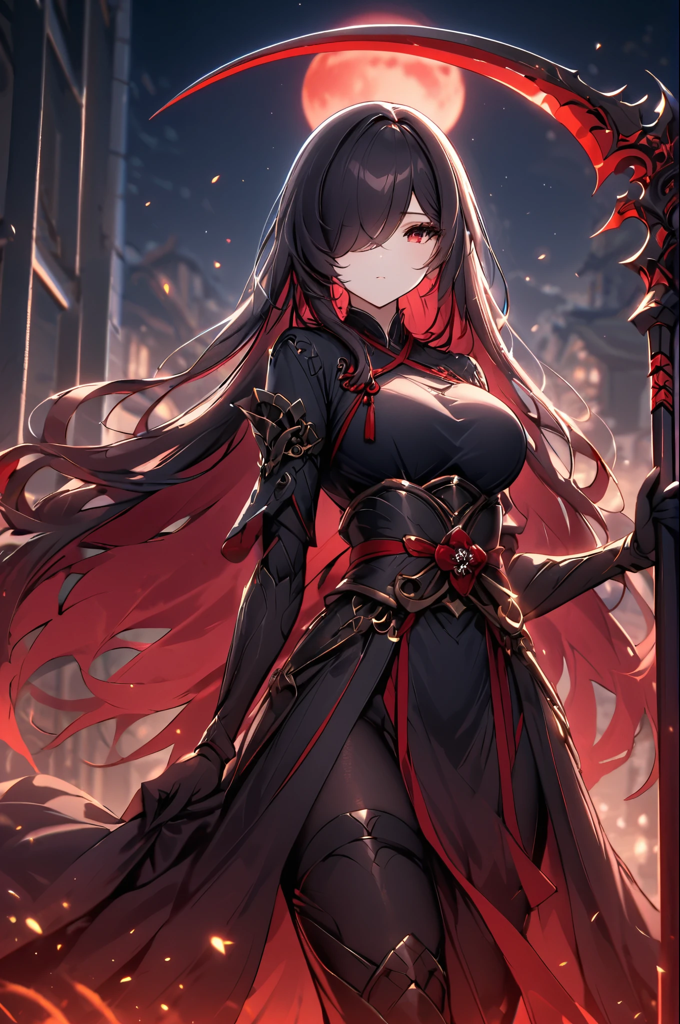 Cowboy Shot, 1girl, Solo, Looking at viewer, Shy, Cute, Red Eyes, Empty Eyes, Expressionless Eyes, Black Hair, Very Long Hair, Straight Hair, ((Hair Over One Eye, Swept Bangs:1.5)), Petite, good_hands, Large breasts, Pale Skinned, Slender, Curvy, ((Ninja)), (Holding Red Scythe:1.2), Standing, Japanese Background, Red Moon, Dark Night, Dark Lighting, Masterpiece, 4K, Best Quality, High Resolution, Accurate, Award Winning, (SuperQuality:1.0) ~ (SuperQuality:1.2)