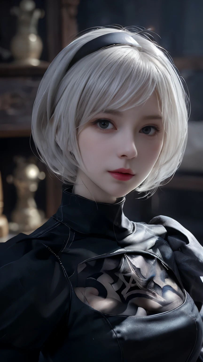 Nier:Automata 2B cute cosplay、2B Female Cosplay、Fair skin、Tall、Stylish、Small face、Strong eyes、beautiful、beautiful、23 years old、British women、Half British、Nier 2B オートマタの黒の衣装、Von Clare 、 Beautiful Poses Death Boo Automata Es de France Blanche、Old Money Angled、masterpiece、Premium Quality、Premium Resolution、Fantasy、Refreshing feeling、Anime Cosplay Makeup、 Authentic Cosplay 、Cool Review。photograph、Portrait、Upper Body、Pale pose、Surrounded by pale white light、happiness、Soft、Fluid Rendering