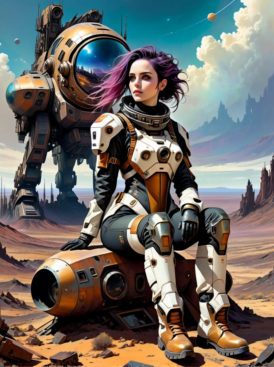 (gothic aesthetic:1.8), 1 female astronaut，wasteland background，Tailor-made female mecha suit，（30 years old），Sitting on the landing spaceship，Stare into the distance，A post-apocalyptic landscape，rusty metal fragments，desolate atmosphere，pastel color palette，oil painting style，Detailed mecha suit design，battle scars on suit，Shabby boots，firm expression，Windswept Hair，Realistic spaceship details，barren terrain，Dramatic clouds，ethereal lights，unforgettable beauty、intricate textures、composition、science fiction elements、Immersive hand-drawn details、Depth of storytelling