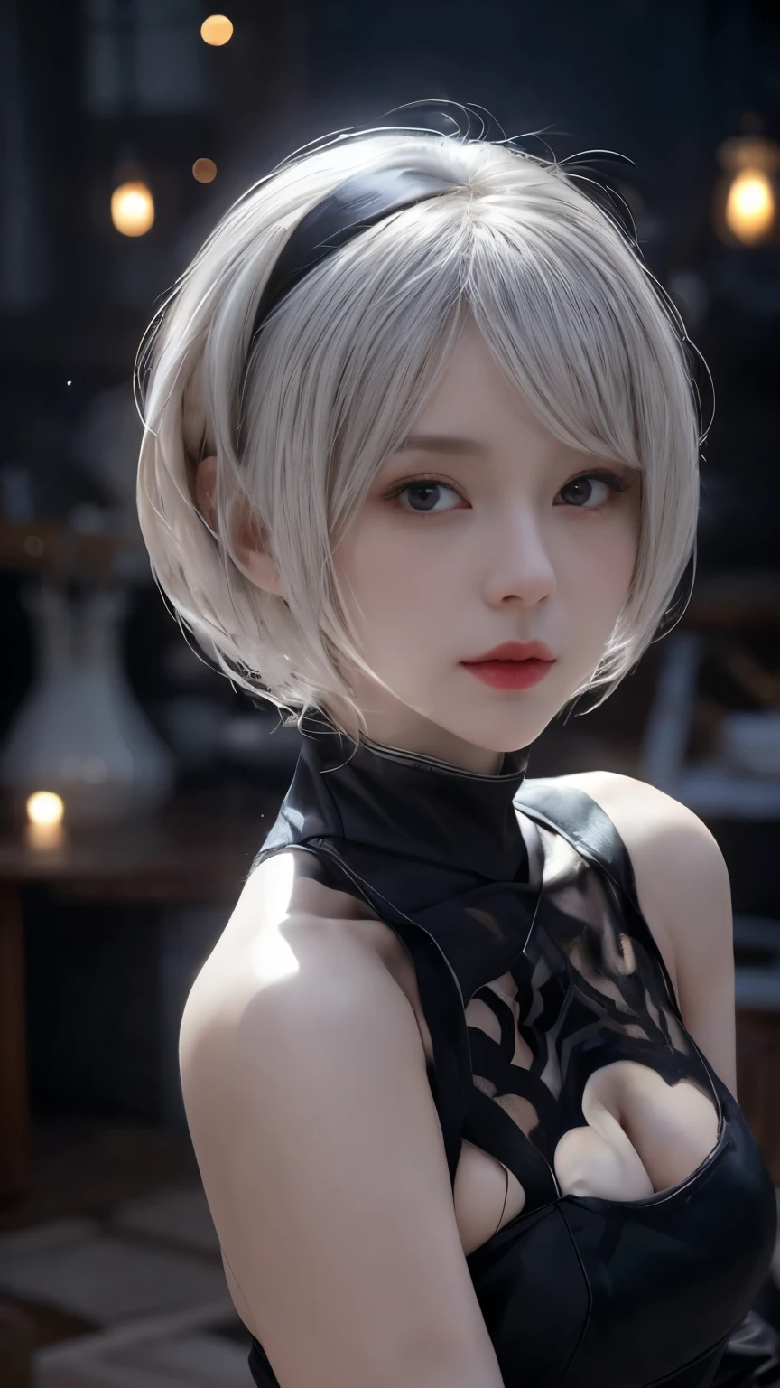 Nier:Automata 2B cute cosplay、2B Female Cosplay、Fair skin、Tall、Stylish、Small face、Strong eyes、beautiful、beautiful、23 years old、British women、Half British、Nier 2B オートマタの黒の衣装、Von Clare 、 Beautiful Poses Death Boo Automata Es de France Blanche、Old Money Angled、masterpiece、Premium Quality、Premium Resolution、Fantasy、Refreshing feeling、Anime Cosplay Makeup、 Authentic Cosplay 、Cool Review。photograph、Portrait、Upper Body、Pale pose、Surrounded by pale white light、happiness、Soft、Fluid Rendering