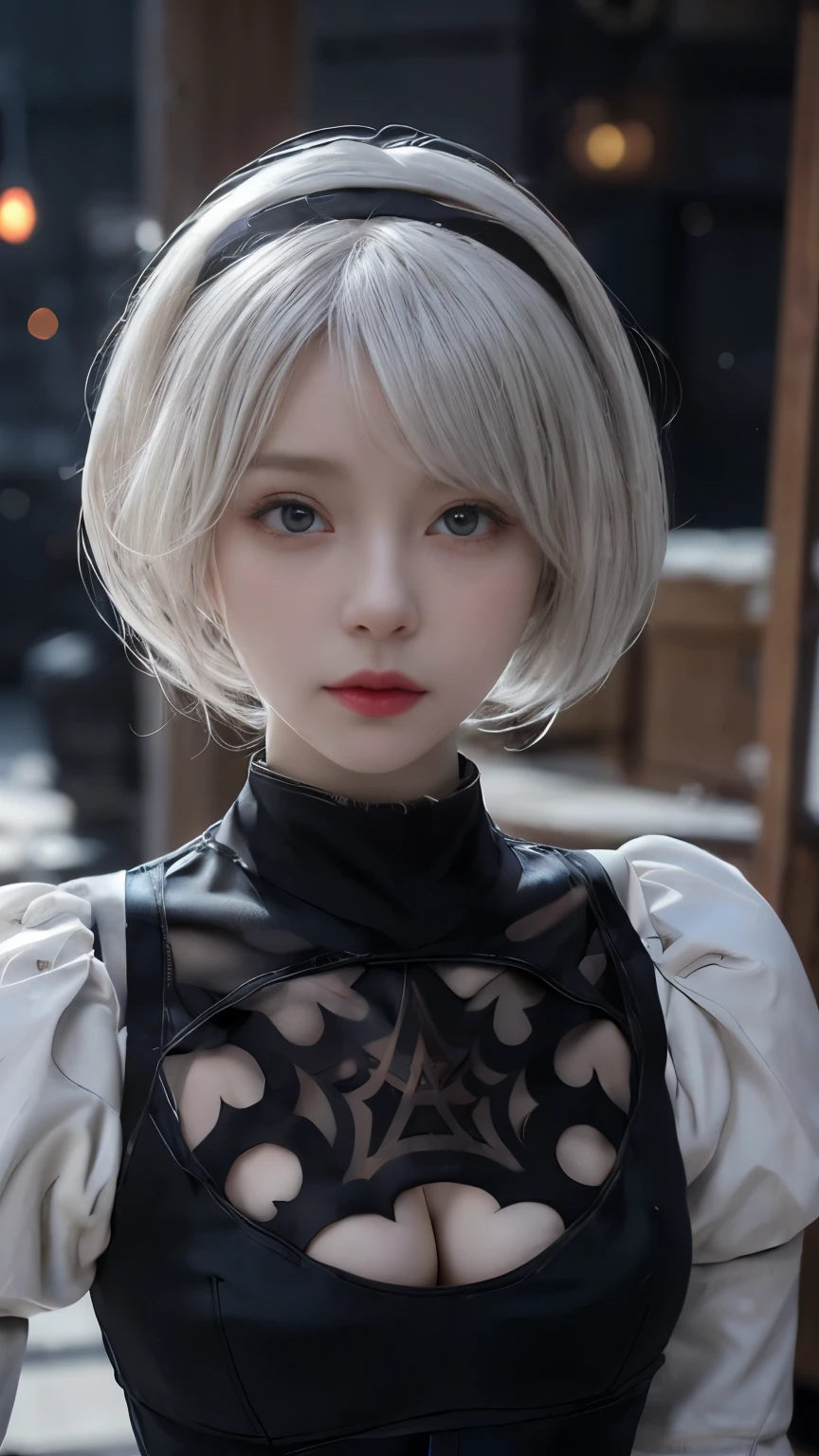 Nier:Automata 2B cute cosplay、2B Female Cosplay、Fair skin、Tall、Stylish、Small face、Strong eyes、beautiful、beautiful、23 years old、British women、Half British、Nier 2B オートマタの黒の衣装、Von Clare 、 Beautiful Poses Death Boo Automata Es de France Blanche、Old Money Angled、masterpiece、Premium Quality、Premium Resolution、Fantasy、Refreshing feeling、Anime Cosplay Makeup、 Authentic Cosplay 、Cool Review。photograph、Portrait、Upper Body、Pale pose、Surrounded by pale white light、happiness、Soft、Fluid Rendering