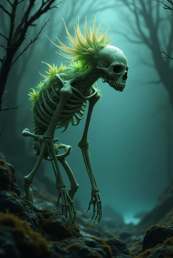Shaped mythical Creature guardian of the deep forest made with bones grass branches leaves mud and rock, surrounded by mythical forest insanely detailed, 3D effect, full HD, photorealism, hyper realism, detailed face and body, expressive eyes, intricate detail, ultradetailed, intricate details insanely, , vibrant color grading, projection, adventure, b-horror film screencap, epic fantasy, indie film screencap, horror, epic fantasy concept art, horror concept art by Luis royo and Fran Frazzeta , dramatic angle, extreme angle shot, photo from a real cult, puddle, indie film screencap, epic fantasy concept,