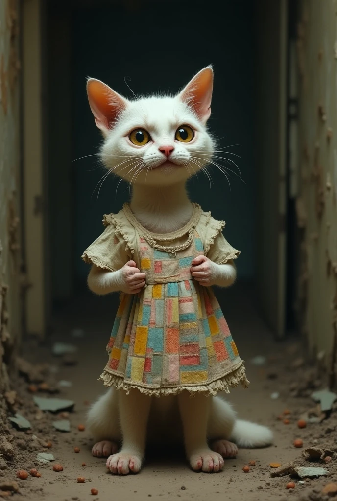 realistic photo of small alien humanoid, large fangs, big cat eyes, long pointy ears, hybrid wolf, cat, rat, wearing dirty torn old pink bodysuit with ballet skirt, dirty torn leggings, pony hoofs, 4k, cinematic, abandoned factory building, rubble, dirty mattress in corner, old rags, broken toys, bloody teeth, alien reptile skin