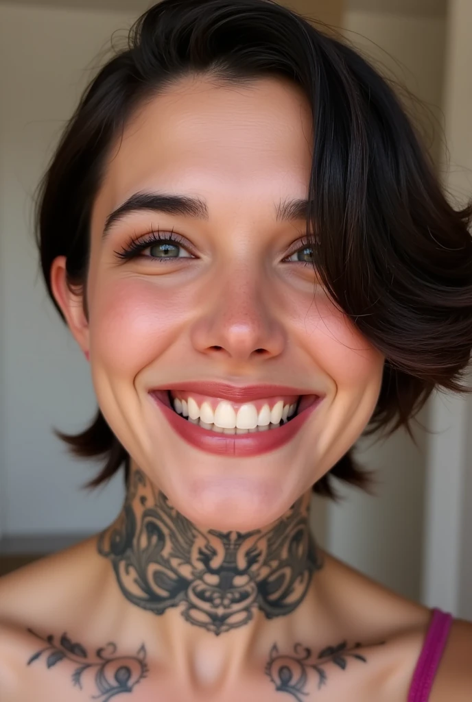 Professional photography of A beautiful woman, intricate neck tattoos, close up portrait, vibrant smile, masterpiece, best quality 