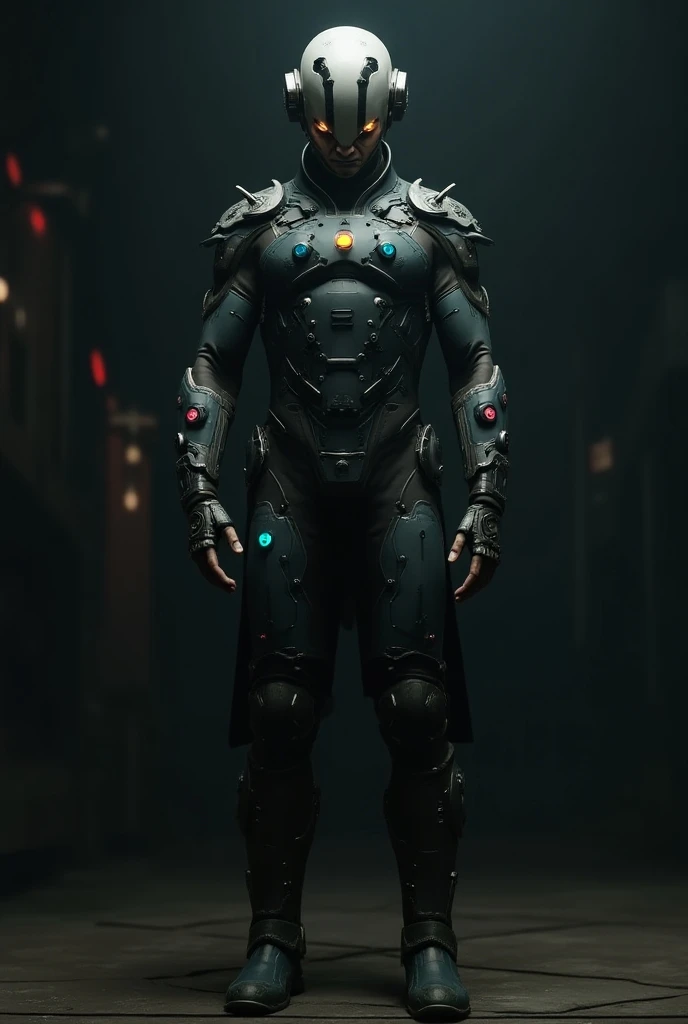Create an image of the villain Chaos, a technological criminal genius. He must have an angular and skeletal face, with bright green or amber eyes and pale skin. Your hair is short and messy, in dark tone. The costume must be black and gray with synthetic materials and luminous panels.. Include technological accessories, such as holographic devices and a mask with a digital display. Add burn marks and circuit symbols to the suit.