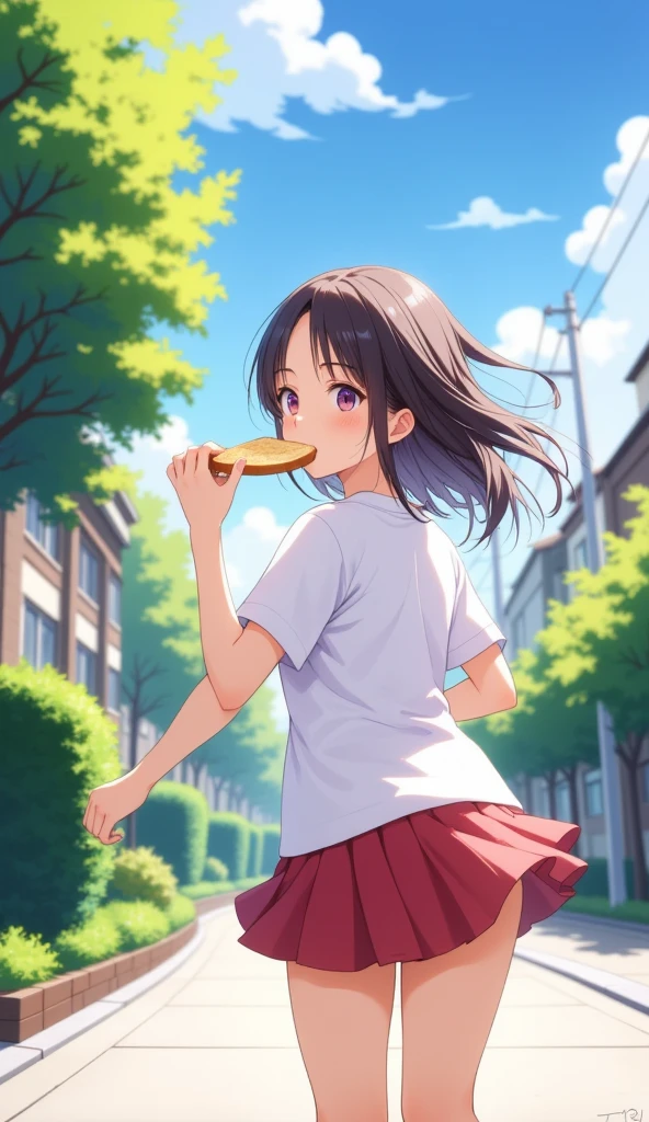 （masterpiece、high quality、High image quality、4K、8k、 Details）、 holding a slice of sliced bread in her mouth、Japanese high school girls（Beautiful Face、Shining Eyes、Disheveled Hair、Well-proportioned body、Running）、 light and adorable anime style 、While turning around、 Looking Here 、 running out of the house in a hurry 、 refreshing scenery with morning light、Suburban residential area、tree々、 A girl holding a slice of sliced bread 、Light and adorable Japanese anime style 、 close-up 、30-degree body angle 