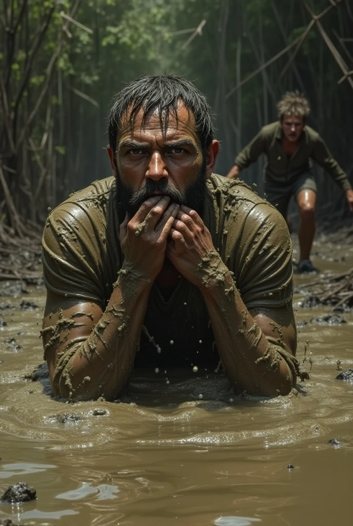 a soaked twenty year old man, a group of soaked twenty year old men, a man pushed into mud, a man in wet clothes, men pushing a man in mud, dynamic action scene, realistic, highly detailed, photorealistic, 8k, realistic textures, compelling narrative, sensual, homosexual