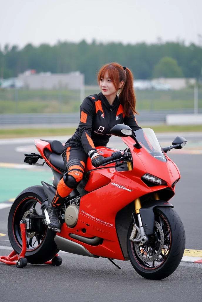 Beautiful Asian woman, 20 years old She is very beautiful ((perfect face)), 170 cm tall, long reddish-black hair tied in a ponytail, confident face, confident smile, big breasts, thin waist, chubby hips, perfect figure. She wore a black and orange motorcycle racer shirt. She is a motorcycle racer Wears black and orange motorcycle racer pants. Wearing black and orange motorcycle racer shoes. Wear gloves to drive a motorcycle. She sits on a Ducati Panigale motorcycle in a motorcycle race track. ((Full body image)),((Award winning image)),((Realistic image)) S 400 style raw