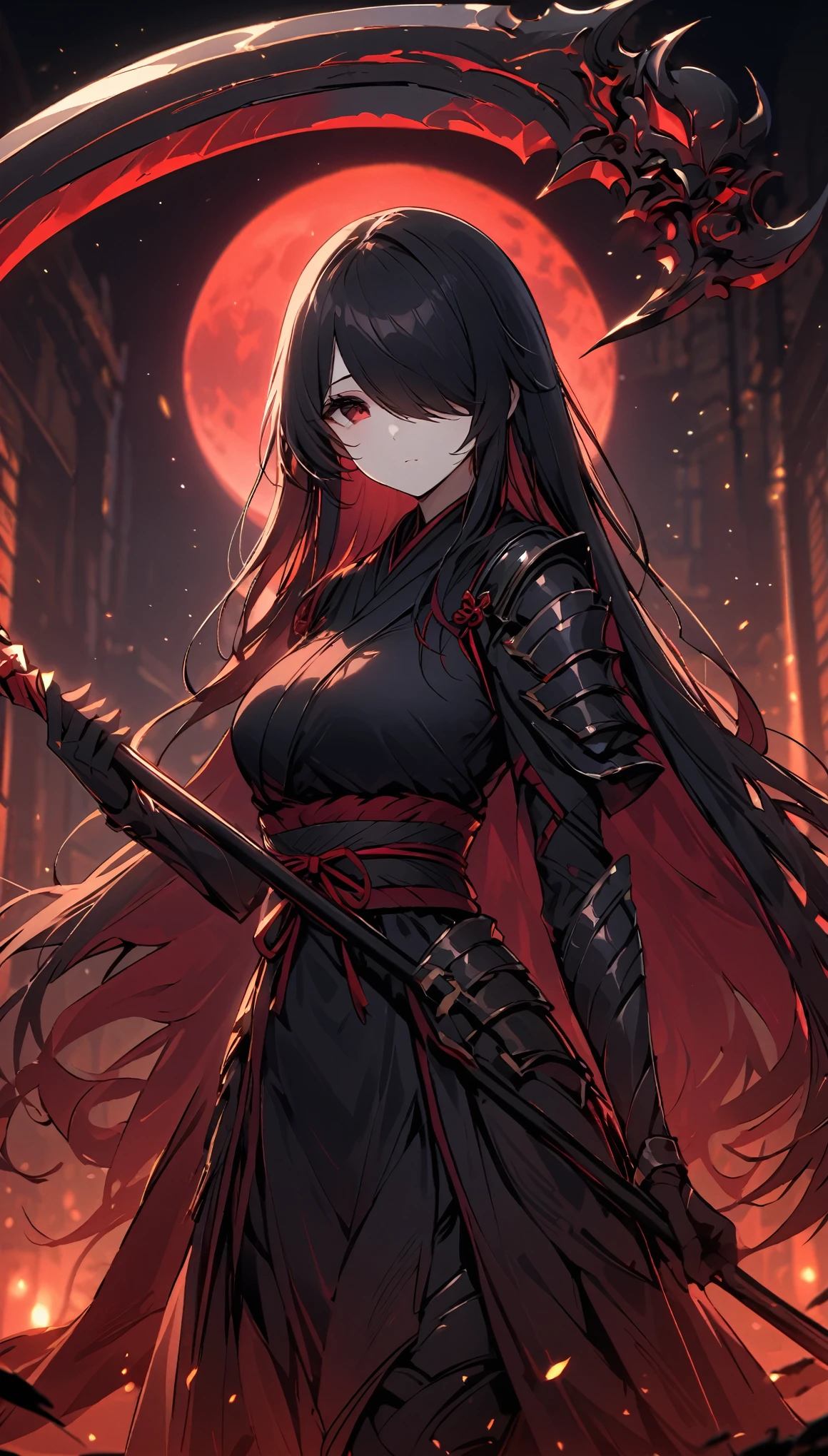 Cowboy Shot, 1girl, Solo, Looking at viewer, Shy, Cute, Red Eyes, Empty Eyes, Expressionless Eyes, Black Hair, Very Long Hair, Straight Hair, ((Hair Over One Eye, Swept Bangs:1.5)), Petite, good_hands, Large breasts, Pale Skinned, Slender, Curvy, ((Ninja)), (Holding Red Scythe:1.2), Standing, Japanese Background, Red Moon, Dark Night, Dark Lighting, Masterpiece, 4K, Best Quality, High Resolution, Accurate, Award Winning, (SuperQuality:1.0) ~ (SuperQuality:1.2)