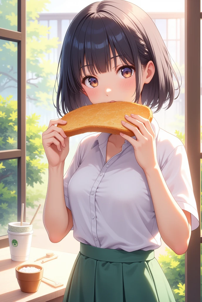 （masterpiece、high quality、High image quality、4K、8k、 Details）、Girl holding a slice of sliced bread in her mouth、Japanese high school girls（Beautiful Face、Shining Eyes、Disheveled Hair、Well-proportioned body、Running）、 light and adorable anime style 、While turning around、 Looking Here 、 running out of the house in a hurry 、 refreshing scenery with morning light、 vibrant and charming atmosphere with rice wrapped in seaweed、Light and adorable Japanese anime style 、 close-up 、