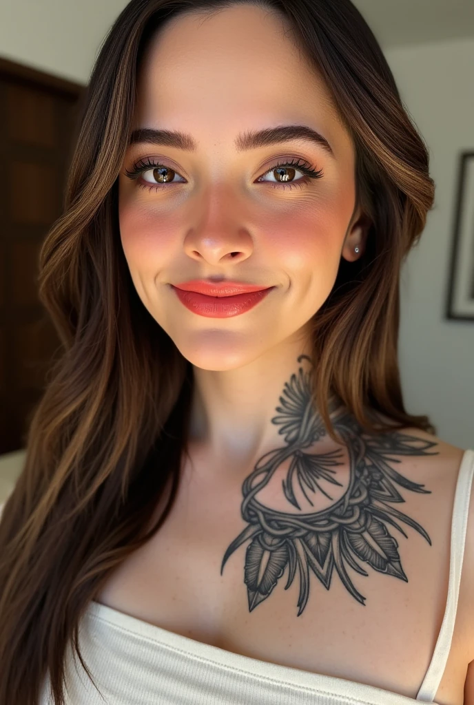 3d render of A beautiful woman, intricate neck tattoos, close up portrait, vibrant smile, masterpiece, best quality 