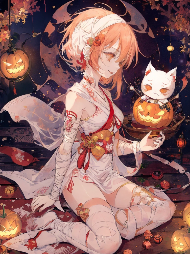 (((  best quality)), ((masterpiece)), ( Details), (shrine, Japanese Festivals:1.2),  one mummy girl , golden eyes,  white skin, red hair,  Side Tails,Bandaged arm, bandaged legs ,Bandaged Head,Bandaged neck,Bandaged Chest,Open white kimono , sleeveless,Asymmetrical bangs, Crazy Smile ,Red lips,Zombie Makeup,Showing teeth, opens her mouth,  slim figure, Thin chest,Chibi ,Japanese bat lanterns,Mini Ghost,Little white fox ,Side view,profile,walk,Full Body Shot,Starry Sky,I have a basket filled with candy,Jack-o-lantern,