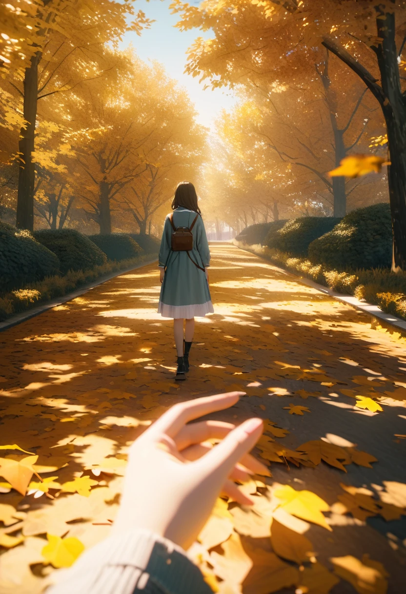 Personal point of view, young beautiful woman, autumm leaves in park, professional color grading, perfect, 8K, ultra-detailed, Octane render, Unreal Engine, style of Makoto Shinkai,