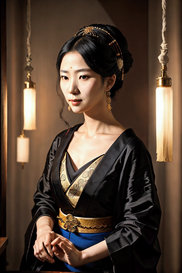 Japanese middle-aged woman, fortune teller, similar to image prompt, black robe, ultra-realistic, detailed skin, photorealistic