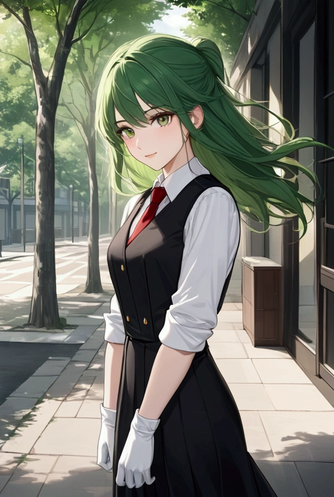 leviathan \(umineko\), stakes of purgatory, 1girl, pink necktie, solo, necktie, showgirl skirt, garter straps, red eyes, green hair, thighhighs, red jacket, frilled sleeves, outdoors, day, closed mouth, tree, drill sidelocks, long hair, <lora:stakes of purgatory:0.8>
