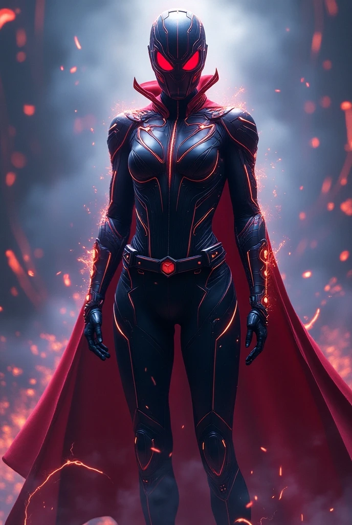 Create a superhero with fire powers and purple and red colors who embraces capitalism