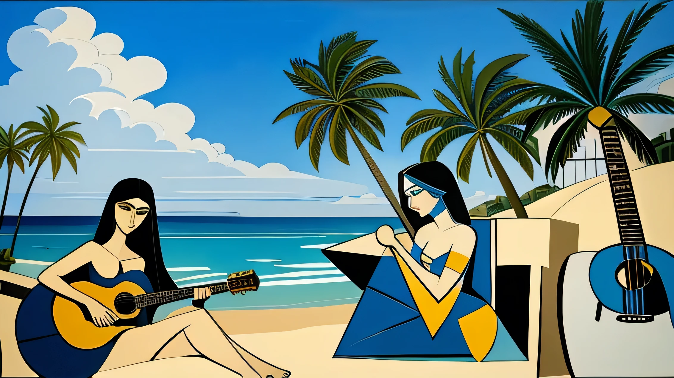 male, And fe女,cubist paintings, water, return, Picasso, guitar, Beach, palm trees