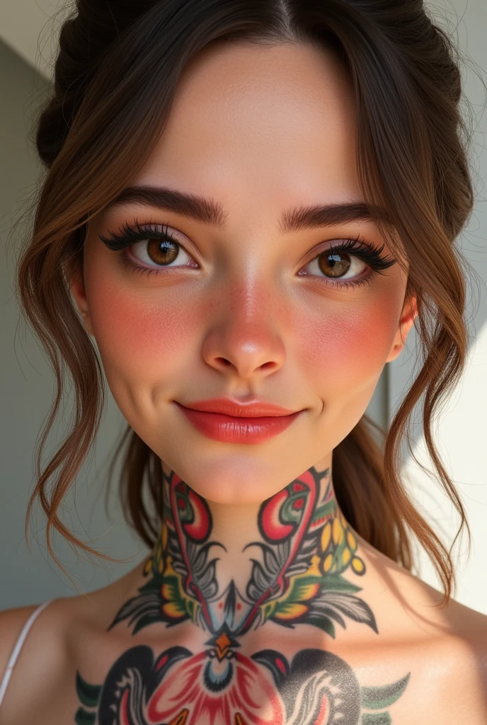 3d render, digital illustration, of A beautiful woman, intricate neck tattoos, close up portrait, vibrant smile, masterpiece, best quality 