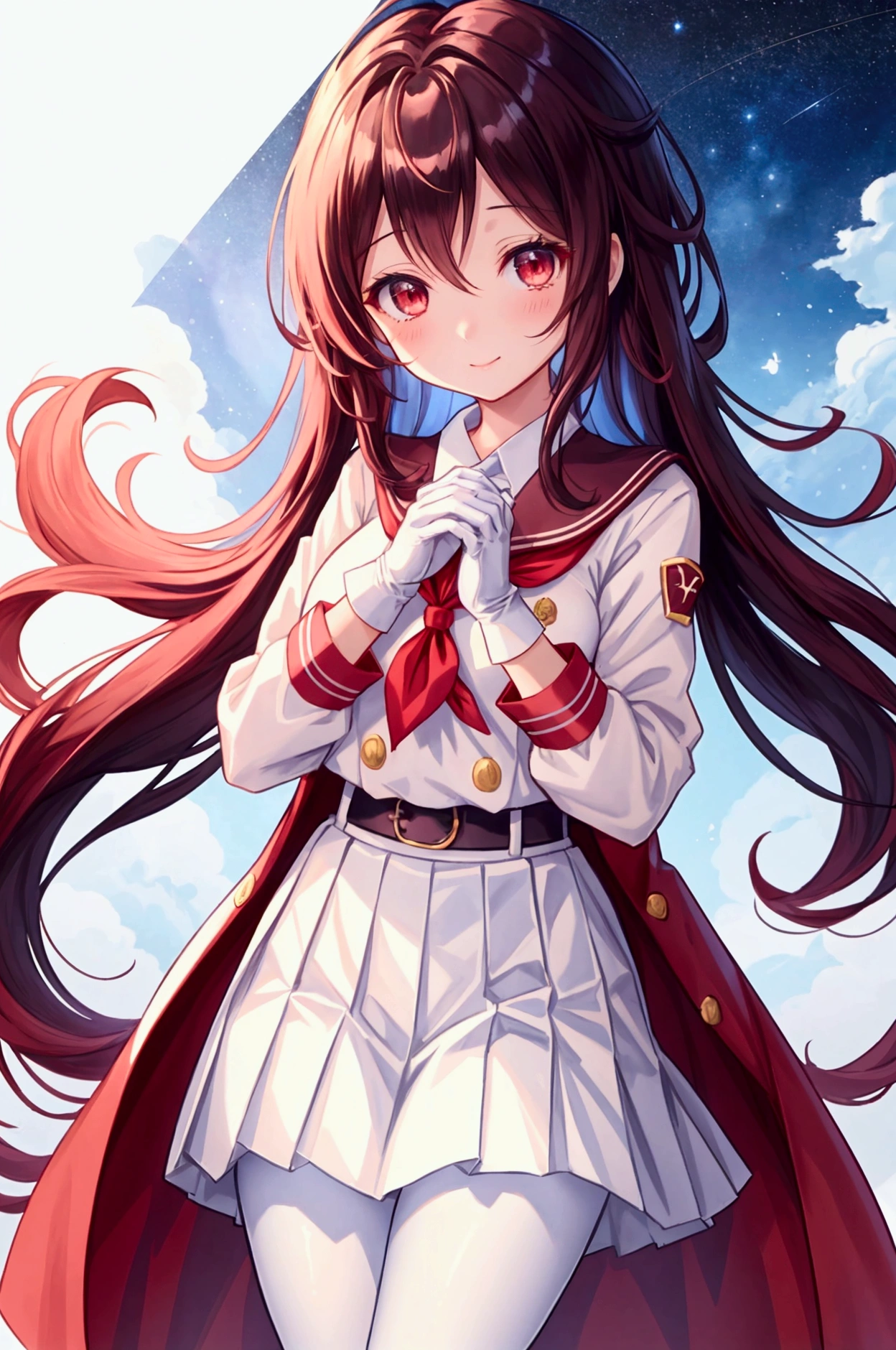 Night sky，Red long hair anime girl，White short-sleeved school uniform，White pleated skirt，White gloves，white pantyhose，Holding a magic sword in both hands￼￼￼￼