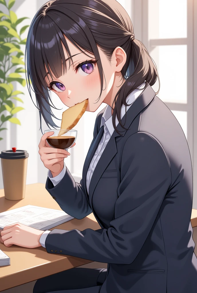 （masterpiece、high quality、High image quality、4K、8k、 Details）、 takeout coffee on her morning office desk {x} holding a slice of sliced bread in her mouth、Japanese Office Lady（Beautiful Face、Shining Eyes、Disheveled Hair、Well-proportioned body、）、仕事用のスーツを着ている、While turning around、 Looking Here 、 girl wearing a work suit 、 running out of the house in a hurry 、 vibrant and charming atmosphere with rice wrapped in seaweed、Light and adorable Japanese anime style 、 close-up 、