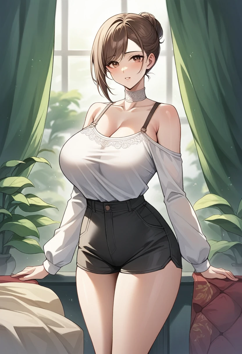 A 45-year-old MILF woman named Lucy, with an attractive and confident demeanor. She has long, wavy brown hair cascading over her shoulders and warm brown eyes that reflect both strength and vulnerability. Lucy is dressed in a fitted blouse oper her button her cliverrege see and shorts that highlight her big boobs curvy figure, exuding elegance and allure. She stands in a beautifully decorated living room, filled with soft, natural light, and the decor reflects a cozy yet sophisticated style. In the background, there are family photos and a hint of modern art. Lucy's expression is one of contemplation, hinting at her complex emotional landscape as a single mother navigating her desires and relationships.
