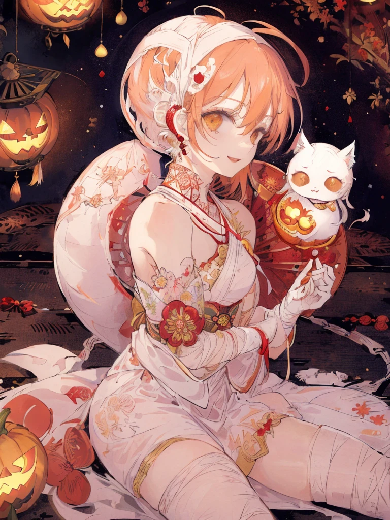 (((  best quality)), ((masterpiece)), ( Details), (shrine, Japanese Festivals:1.2),  one mummy girl , golden eyes,  white skin, red hair,  Side Tails,Bandaged arm, bandaged legs ,Bandaged Head,Bandaged neck,Bandaged Chest,Open white kimono , sleeveless,Asymmetrical bangs, Crazy Smile ,Red lips,Zombie Makeup,Showing teeth, opens her mouth,  slim figure, Thin chest,Chibi ,Japanese bat lanterns,Mini Ghost,Little white fox ,Side view,profile, I don't look at the camera,Starry Sky,I have a basket filled with candy,Jack-o-lantern,