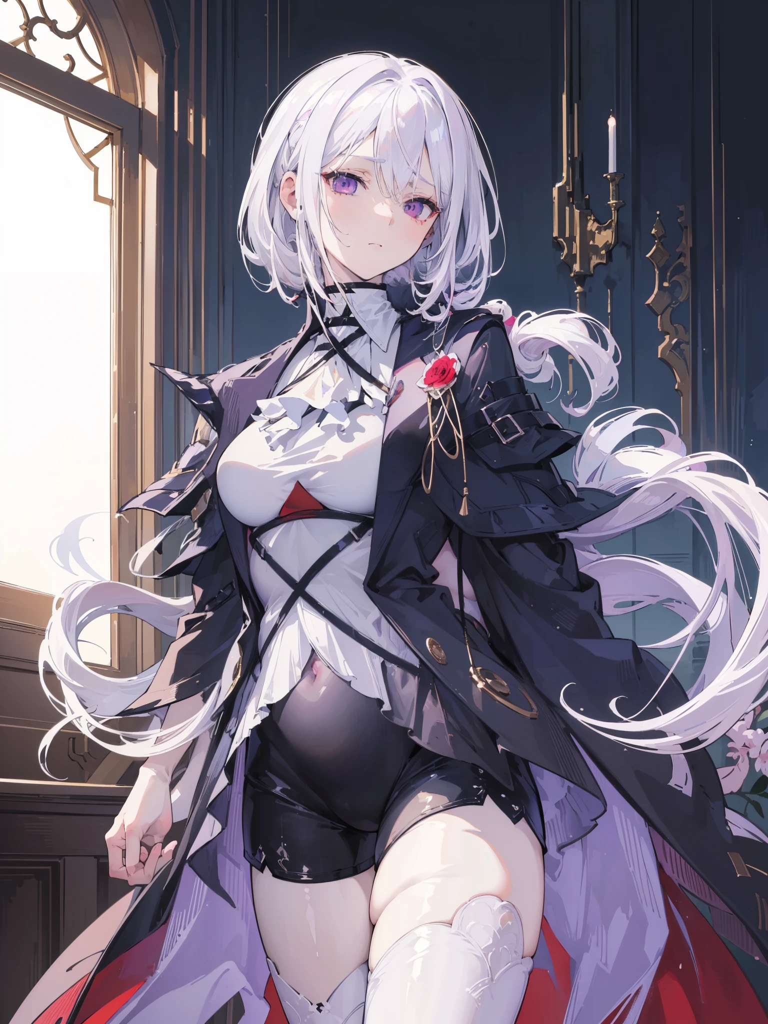 (best quality:1.3), (masterpiece:1.3), (illustration:1.3), (ultra-detailed:1.3), (imid shot:0.9), 1girl, medium breasts, purple eyes, (((white hair))), hair ornaments, young, outfit-gladiia, long hair, tied hair, indoors, black shorts, thigh-highs, low ponytail, expressionless, upper body, close up, coat, skirt,