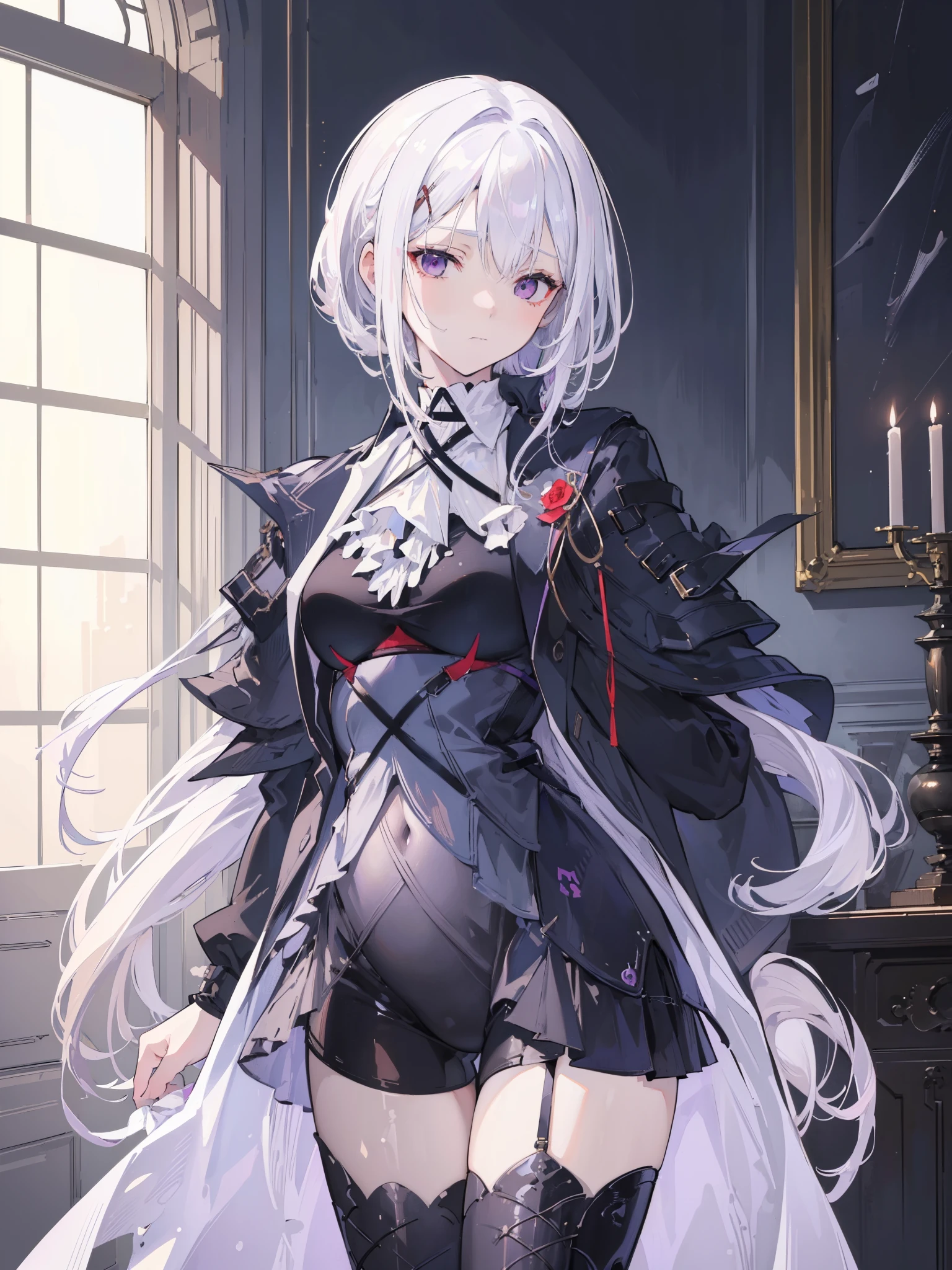 (best quality:1.3), (masterpiece:1.3), (illustration:1.3), (ultra-detailed:1.3), (imid shot:0.9), 1girl, medium breasts, purple eyes, (((white hair))), hair ornaments, young, outfit-gladiia, long hair, tied hair, indoors, black shorts, thigh-highs, low ponytail, expressionless, upper body, close up, coat, skirt,