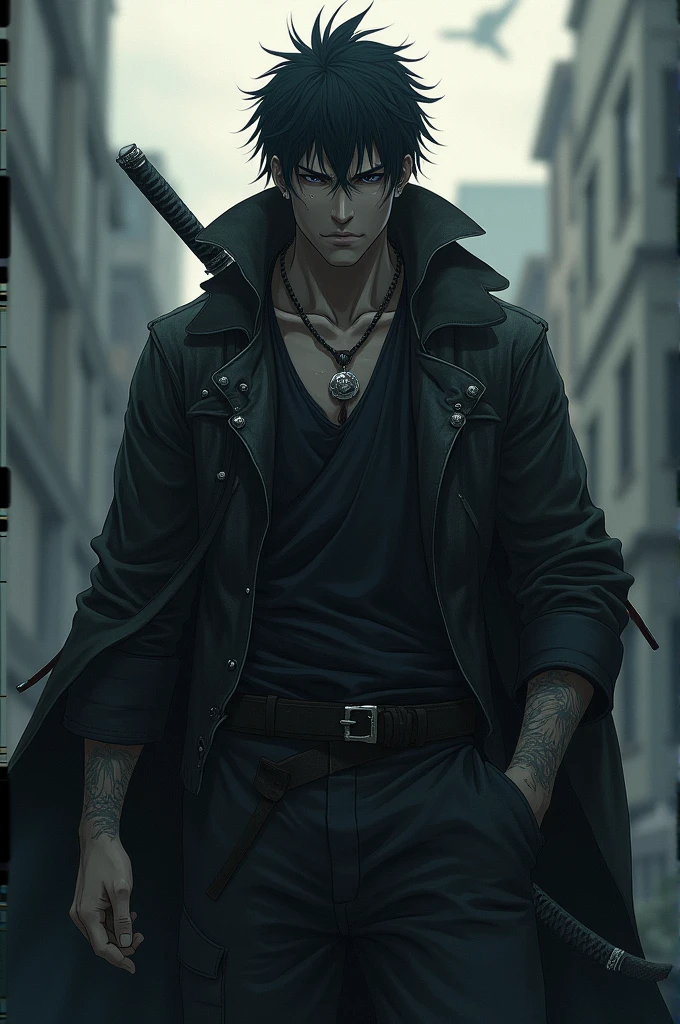 create an anime style image of a very handsome roguish man with a mysterious expression, dark cloak, a Rapier in hand, jet black hair, scarlet eyes, defined body, muscular chest out, muscular arms, tight pants, legs thick, silver necklace on the neck, big-ass