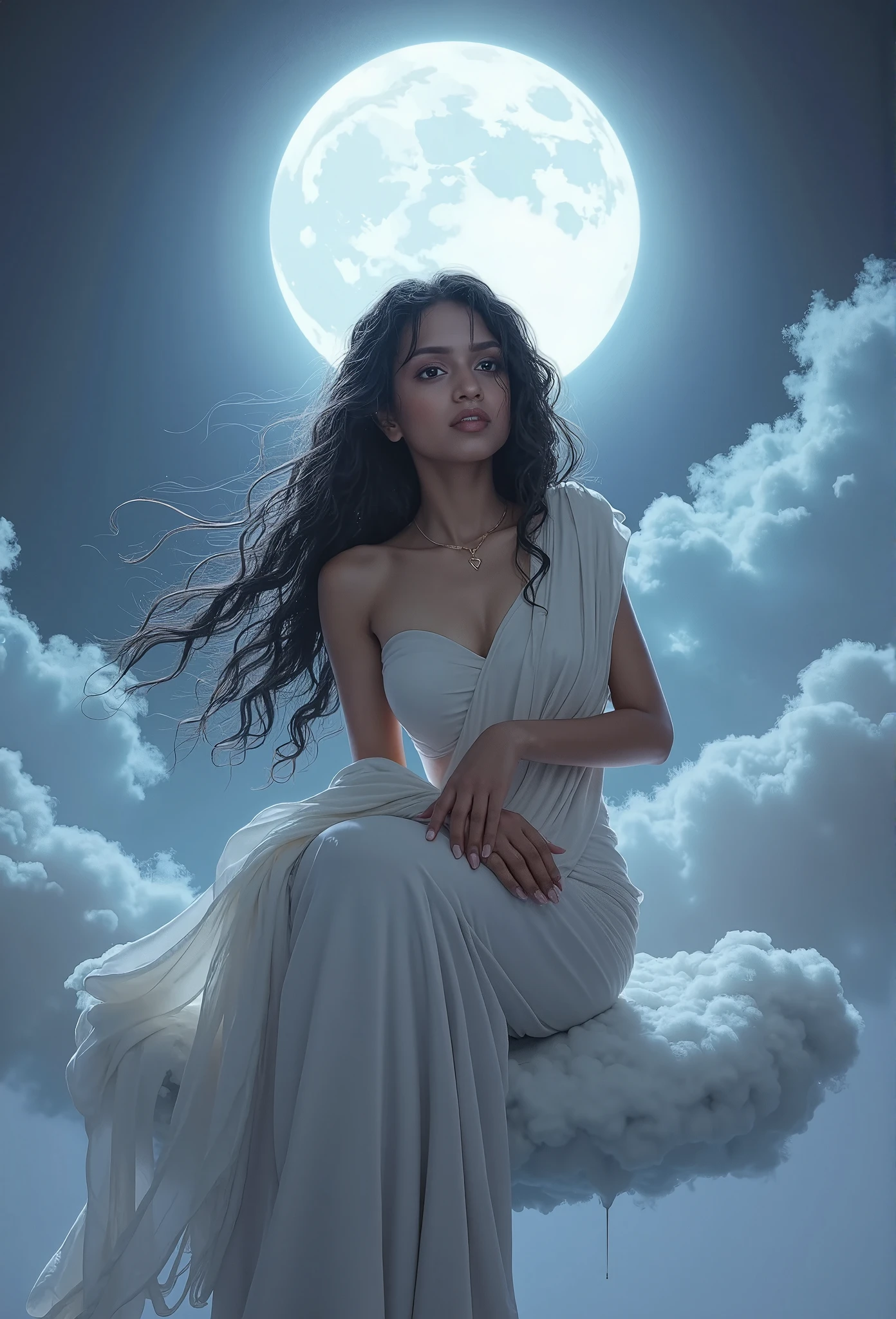 , realistic , succubus, ethereal beauty, perched on a cloud, (fantasy illustration:1.3), enchanting gaze, black hairs, wearing saree, captivating pose, delicate wings, otherworldly charm, mystical sky, large moon, moonlit night, soft colors, (detailed cloudscape:1.3), (high-resolution:1.2), from below, (r