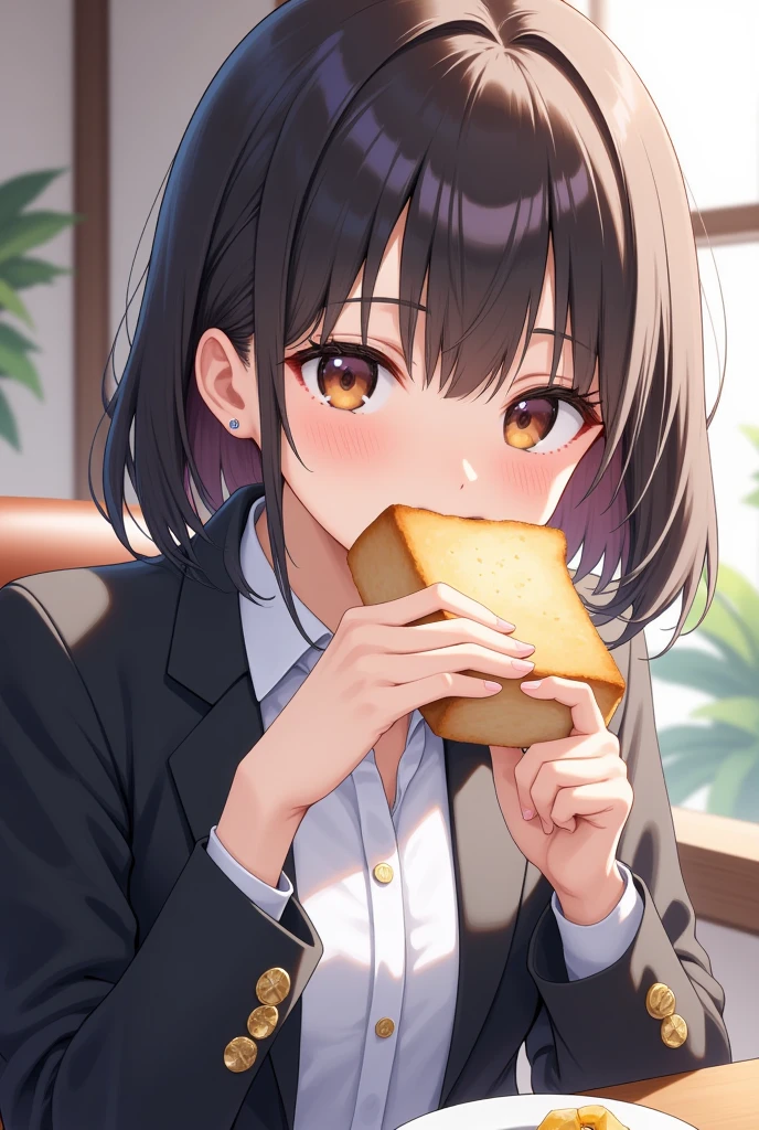 （masterpiece、high quality、High image quality、4K、8k、 Details）、 takeout coffee on her morning office desk {x} holding a slice of sliced bread in her mouth、Japanese Office Lady（Beautiful Face、Shining Eyes、Disheveled Hair、Well-proportioned body、）、I'm wearing a work suit 、 Looking Here 、Morning Office、 takeout coffee on my desk、 running out of the house in a hurry 、 vibrant and charming atmosphere with rice wrapped in seaweed、Light and adorable Japanese anime style 、 close-up 、