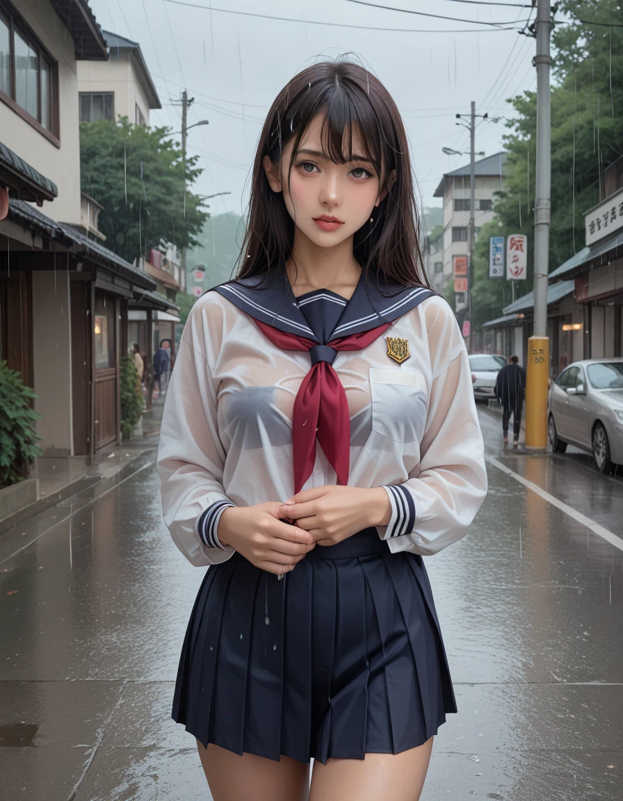 score_9,score_8_up,score_7_up,8K, breasts, A beautiful Japanese woman, High school girl in the rain, （Her uniform is transparent and her underwear is visible.：1.2）