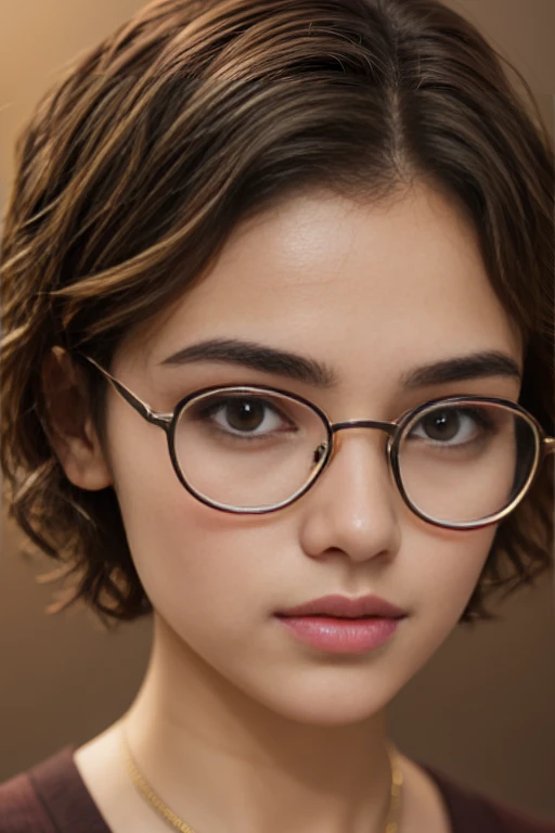 1 beautiful girl, solo, looking at viewer, short hair, slightly curly hair, circle face form, simple background, brown hair, dishevelled hair, brown deep eyes, grey background, small nose, traditional media, portrait, close-up, glasses, realistic, glowin eyes, no makeup, clear neck, medium shot