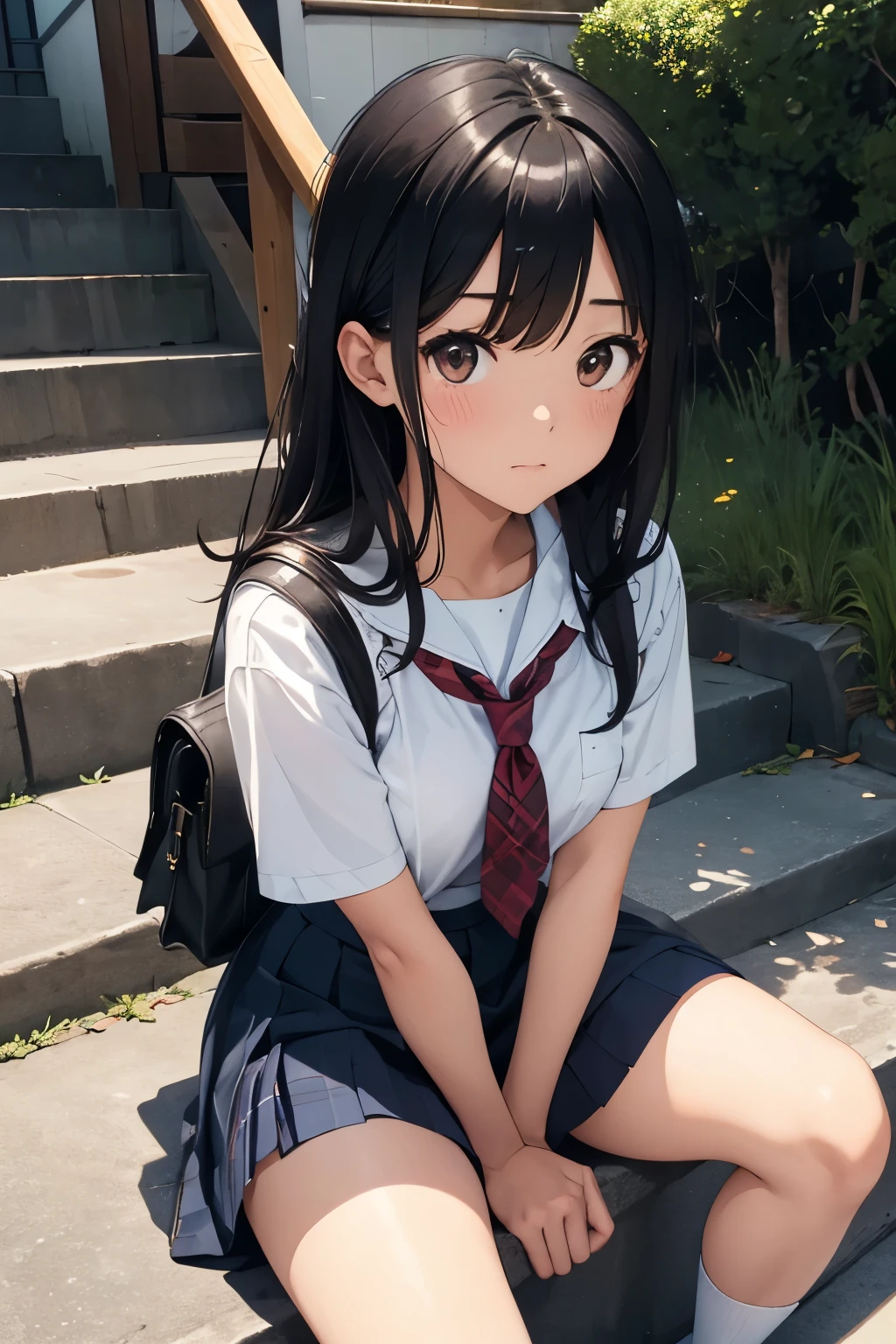 masutepiece、hight resolution、1girl in、hi-school girl、a miniskirt、Angle from the front、Sitting on your knees on the ground、Looking at the camera、Shameful face、Cute anime illustration、