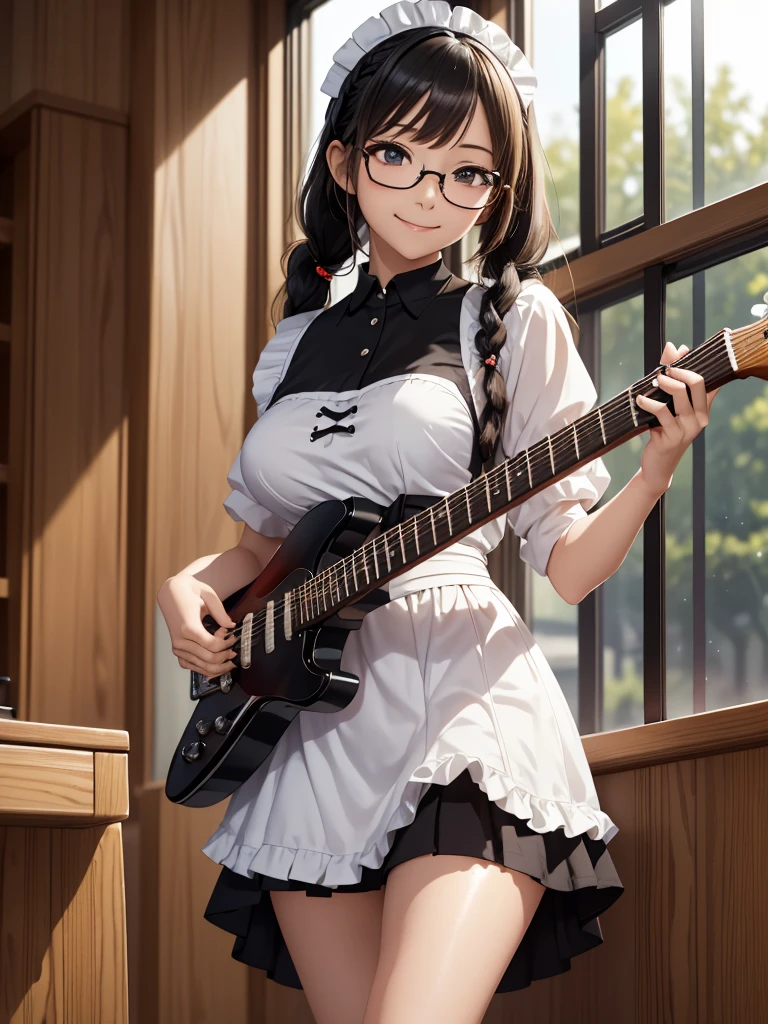 8k, Best Quality, The real picture,  complicated details, Very detailed,  super high definition, Depth Field, ( realistic, realistic),  table top to cover upper arms, (( shot above the knee)), ((((Standing and playing an electric guitar)))), ((( 1 girl))), ((Under-rim glasses)), eye_Chan,  so beautiful, innocent big eyes, Beautiful breasts, 非常に詳細なeye, (Beautiful breasts), ((Black Hair)), (Braided twin tails), (Asymmetrical bangs), Perfect Skin, Fair skin, Small breasts, Tight waist, Alone,  viewers almost at night, (smile), ((Maid uniform)), ( black miniskirt in a window seat), (Standing in the concert hall )