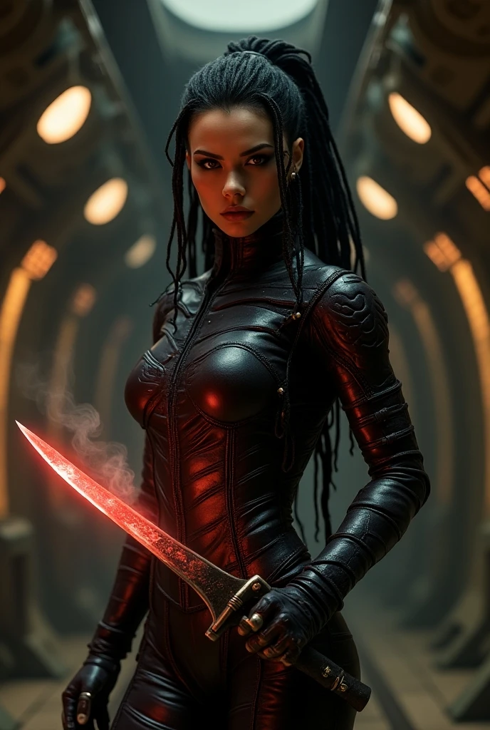Cinematic Still of X-23, wearing a form-fitting red and black bodysuit with an impressive cleavage, best quality (Best Quality, 4k, 8K, high resolution, Masterpiece: 1.2). Her muscles ripple under the tight fabric as she stands with a confident posture, arms crossed over her chest. Her hair is short and spiky, a stark contrast to the curves of her voluptuous figure. The camera captures every detail, leaving no doubt about the presence of X-23, the mutant assassin with a surprising asset.