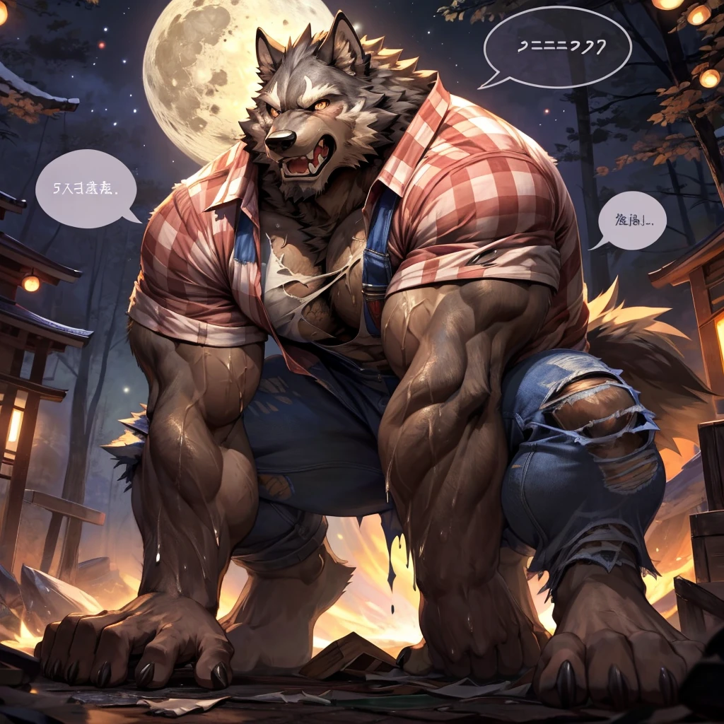 masterpiece,high quality,anime, ultra detailed
, 人Wolf,  breaking the clothes they are wearing , Digital, (Check shirt:1.3), ( torn shirt ,  torn pants:1.2) ,  getting on all fours ,  claws scratching the ground ,  showing off teeth , Wolf, Great physique, strong arms like a man , (((Excessive sweating)))
, Painful eyes ,  distressed expression ,  clenching teeth 

, [[(ultra detailed dick:1.1),  look up with the naked eye ]]

, Moonlit Forest, full moon, Fun, From null-ghost, Pino Daeni , (Warm lights:1.3), (japanese speech bubble:1.2),  torn overalls